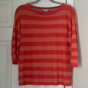 Women's Boden Striped Linen Top 3/4 Length Sleeves, Red Orange Size 6